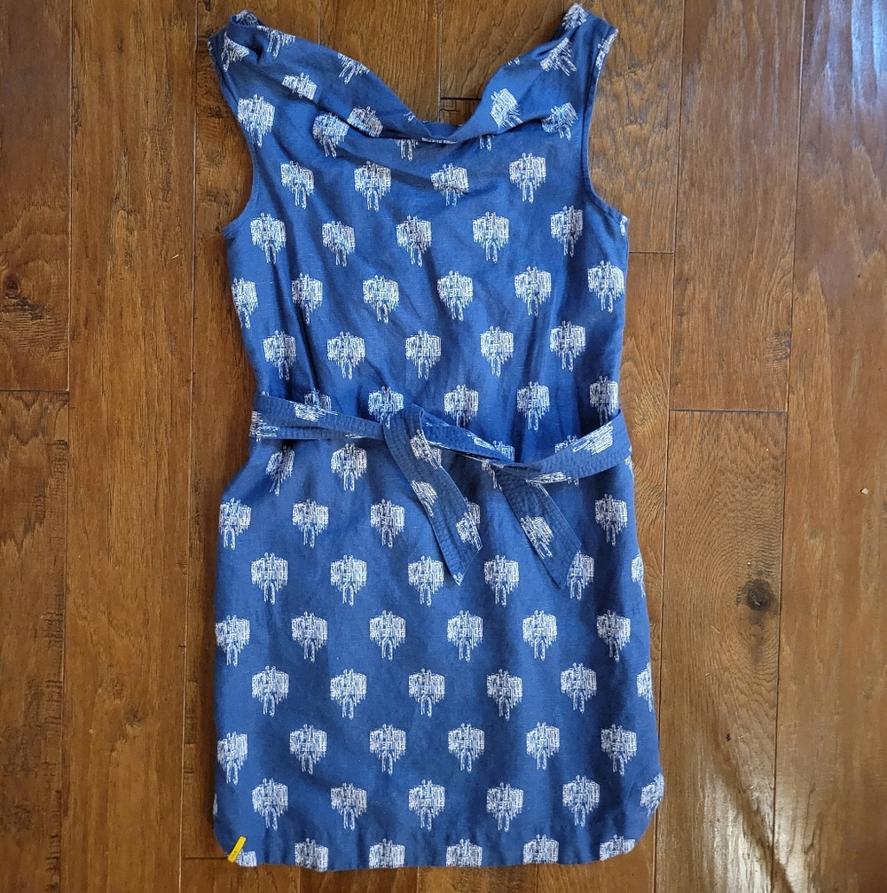 Blue Linen Cotton Cowl Neck Belted Sundress by Lolë, 2